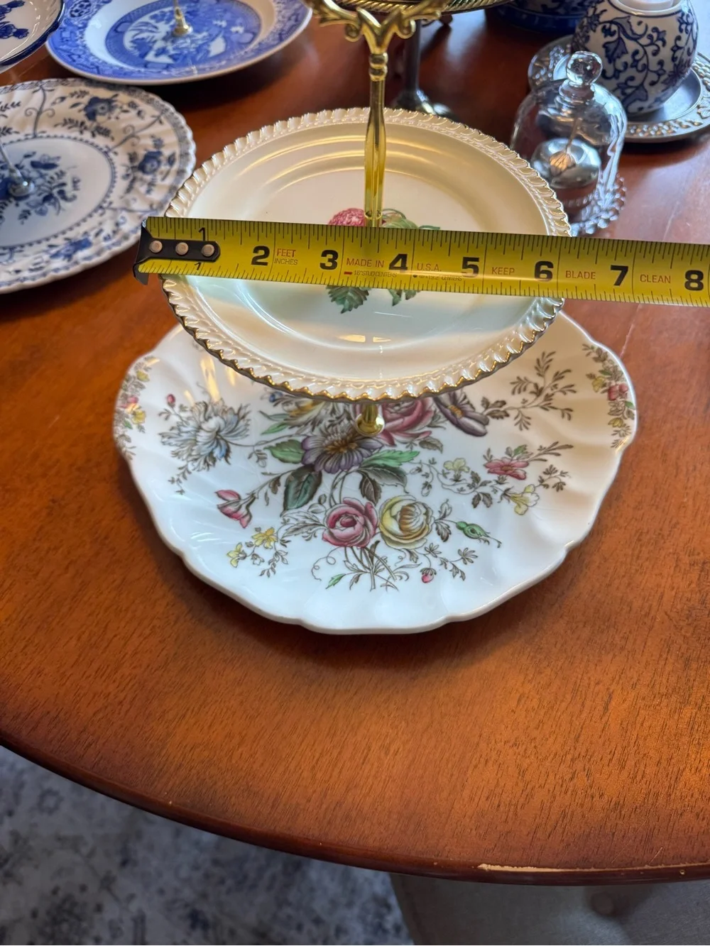 Vintage Two-Tier Floral Porcelain Serving Stand in White and Gold